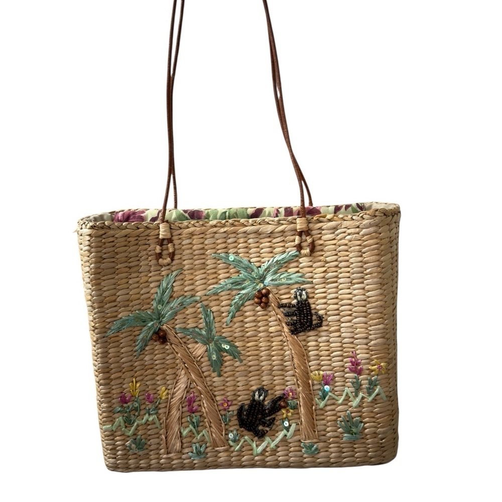 Cappelli Straworld Tropical Tote Embroidered Monkey  12 X 10 X 4  inch BOHO